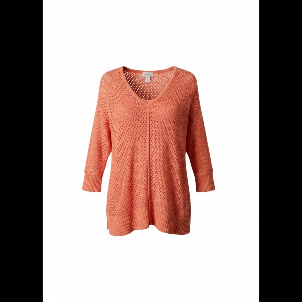 Chicos Coral Crochet Open Knit V-Neck‎ Layered Sweater Size 0 Small 3/4 Sleeve